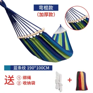 Hamaca de rayas azules 190 cm x 100 cm + varilla curva de 40 cm + cuerda + bolsa