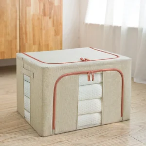 Caja de almacenamiento de tela de lino y algodón con estructura de acero,