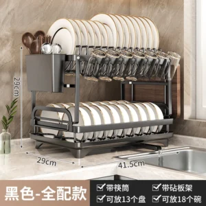 Soporte de platos de autodrenaje con portavasos negro de doble capa